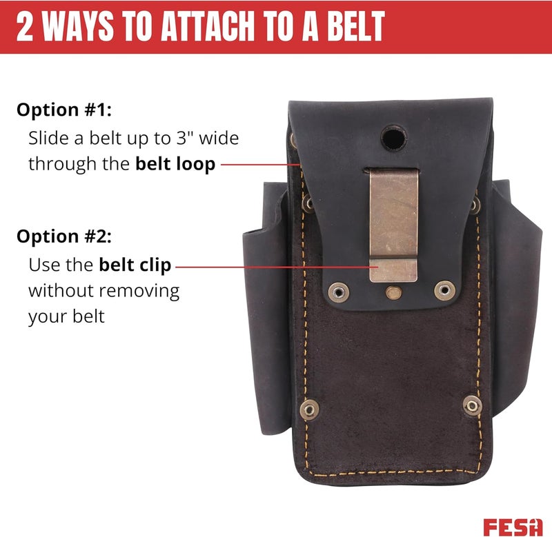 fesa Small Leather Tool Pouch - 4-in-1 Heavy Top Grain Leather Small Tool Pouch with a Tape Measure Holder, 3 Pockets & Reinforced Heavy Duty Rivets - Fits Belts up to 3" - Handcrafted - Image 4